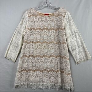 V Christina Tunic Top Large White Floral Lace Long Sleeve Lined Boho Fairy